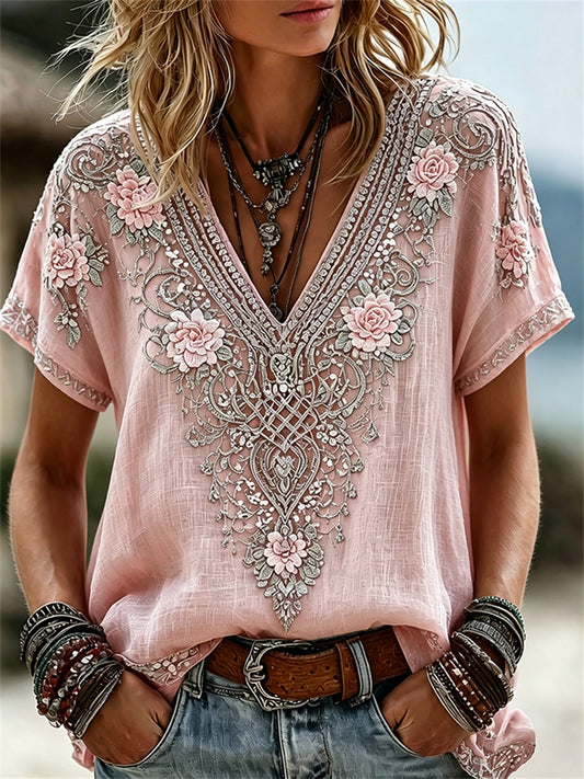Women's Viking Celtic Knot Boho Floral Print linen short-sleeved T-shirt