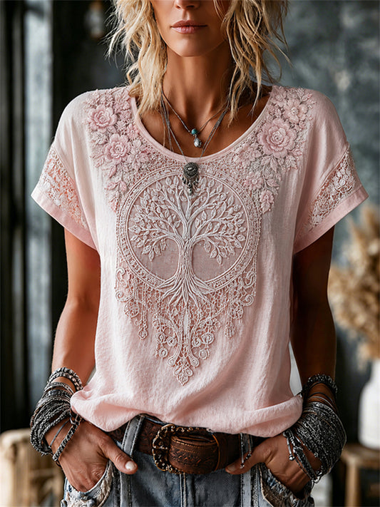 Women's Viking Tree of Life Floral Lace Art Print linen short-sleeved T-shirt