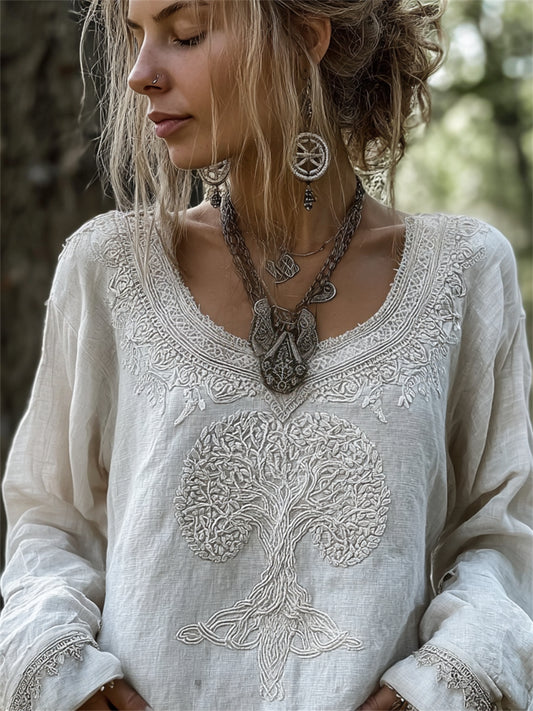 Women's Vintage Viking Tree of Life Celtic Art Print Cotton-Linen Shirt