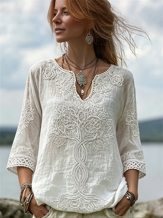 Women's Classy Viking Tree of Life White Roses Print Cotton-Linen Shirt