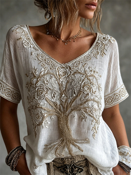 Women's Vintage Viking Tree of Life with Roses Celtic Print linen short-sleeved T-shirt