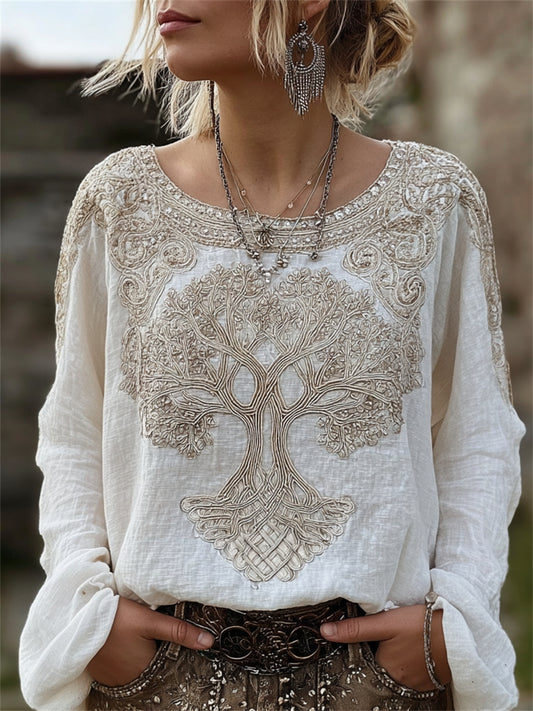 Women's Vintage Viking tree of Life Celtic Knot Print Cotton-Linen Shirt