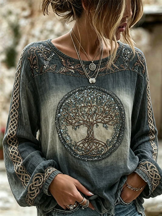 Women's Vintage Viking Tree of Life Celtic Knot Gradient Print Cotton-Linen Shirt