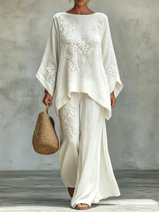 Women's Classy Almond Blossom Art Print Flowy Linen Set