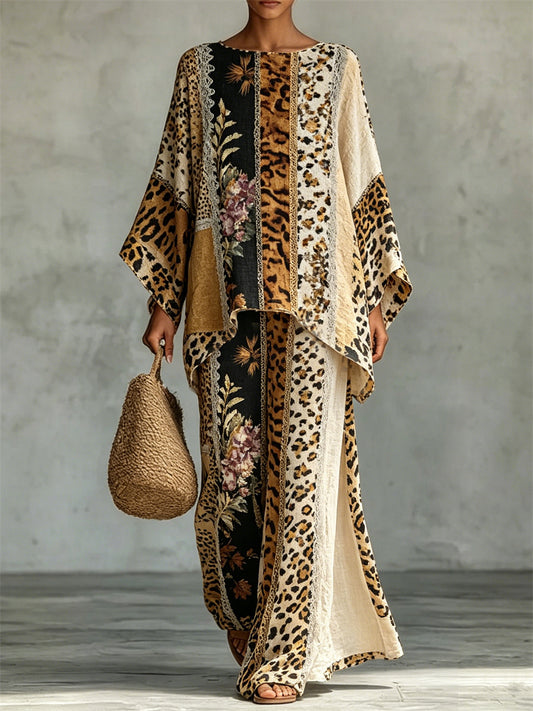 Women's Vintage Animal Pattern Floral Print Flowy Linen Set