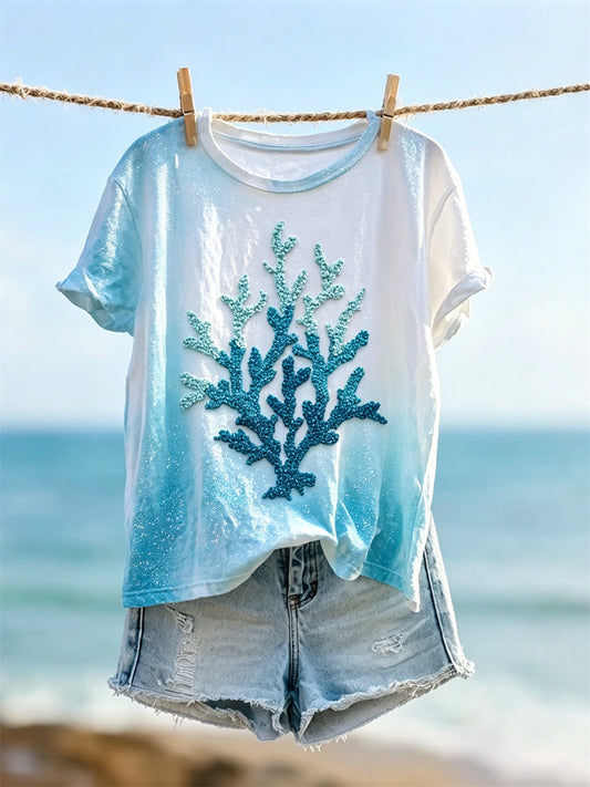 Women's Gradient Coloral Seaside Glitter Print short-sleeved T-shirt