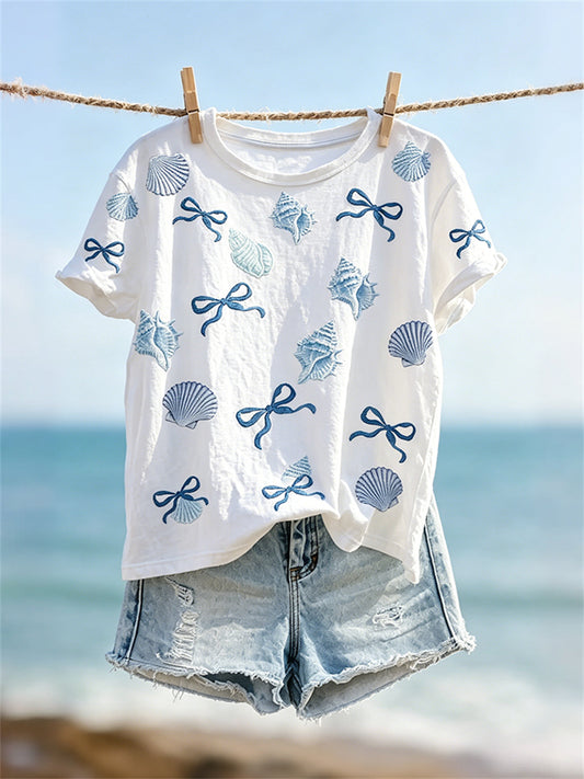Women's Seashells & Conch Tie Knot Pattern short-sleeved T-shirt