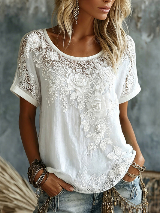 Women's Classy Roses Floral Art Print linen short-sleeved T-shirt