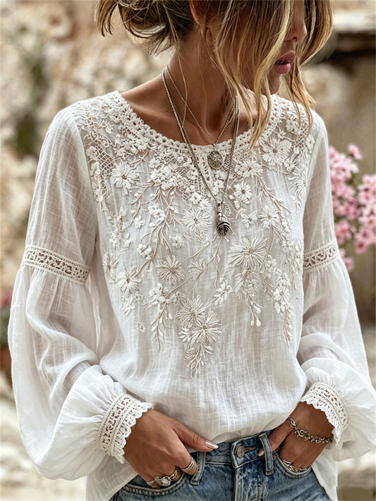 Women's Classy Boho Lace Floral Print Cotton-Linen Shirt