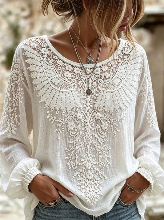 Women's Classy Wings Lace Floral Art Print Cotton-Linen Shirt