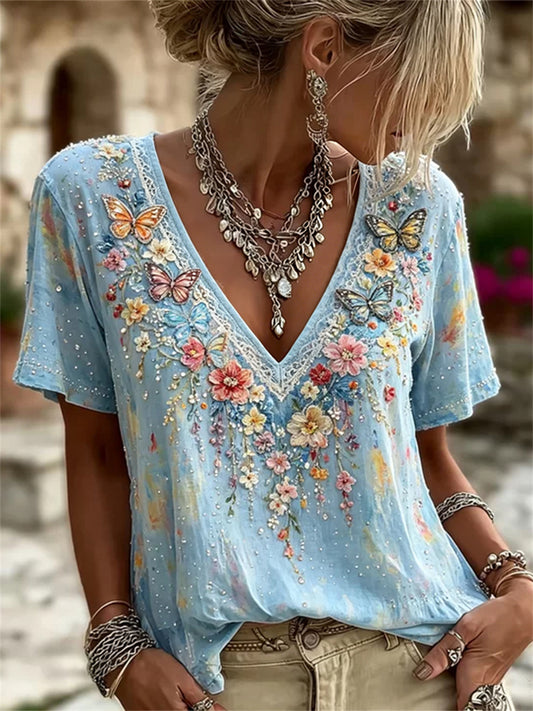 Women's Boho Butterflies Floral Art Print linen short-sleeved T-shirt