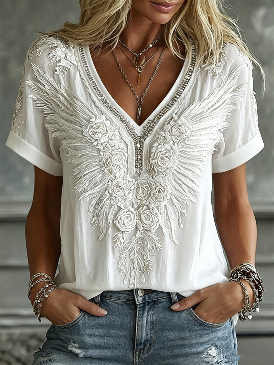 Women's Elegant White Roses & Wings Art Print linen short-sleeved T-shirt