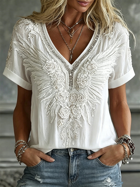 Women's Elegant White Roses & Wings Art Print linen short-sleeved T-shirt