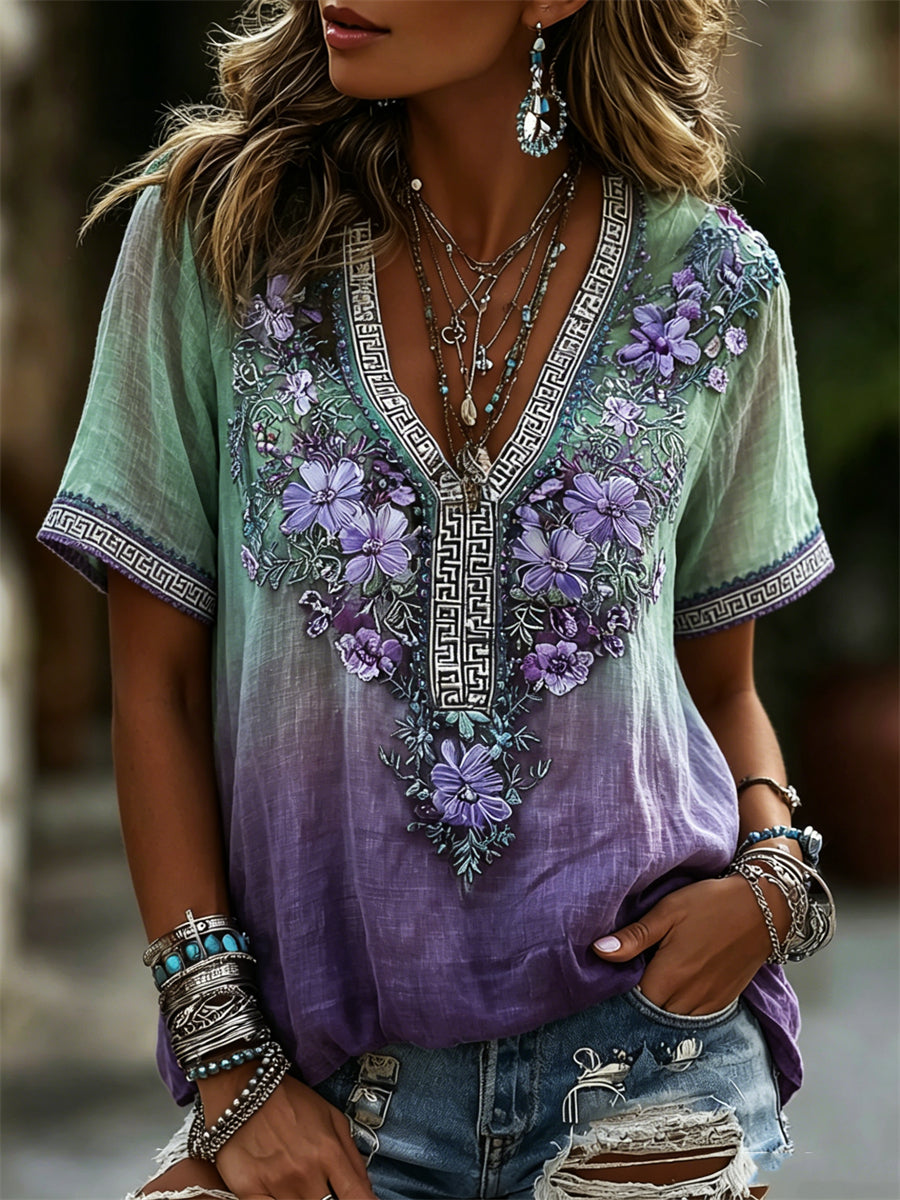 Women'sClassy Purple Floral Gradient Color linen short-sleeved T-shirt