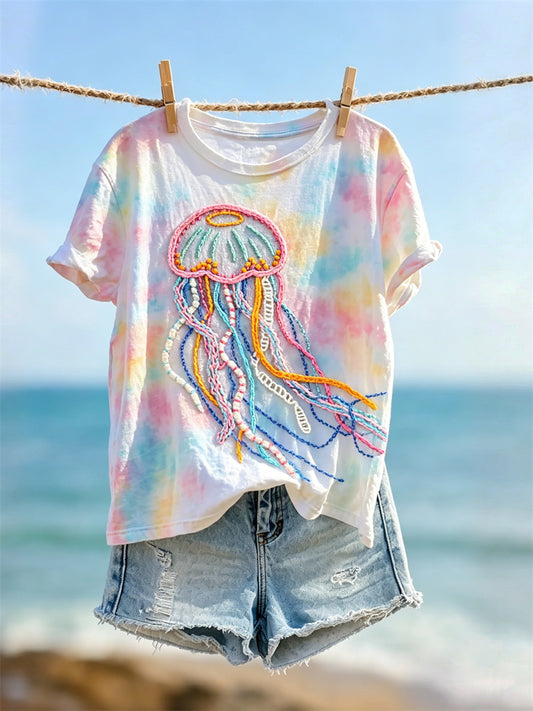 Women's Jellyfish Art Colorful Tie Dye Print short-sleeved T-shirt