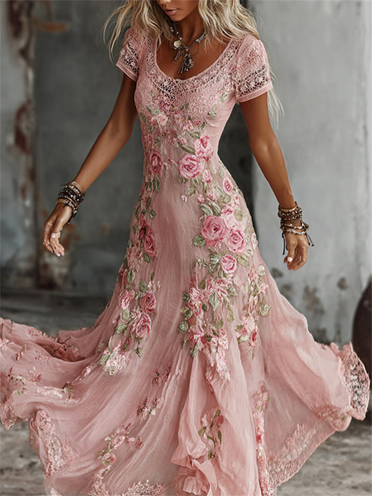 Women's Vintage Pink Roses Art Print Flowy Maxi Dress