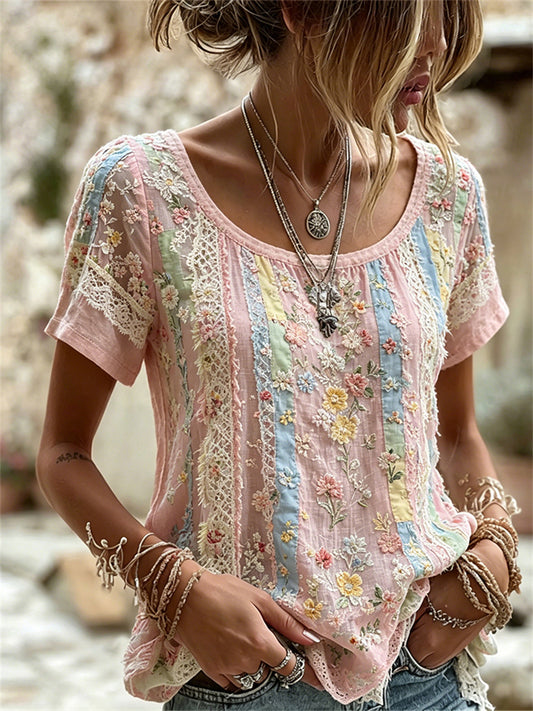 Women's Cottagecore Floral Colorblock Print linen short-sleeved T-shirt