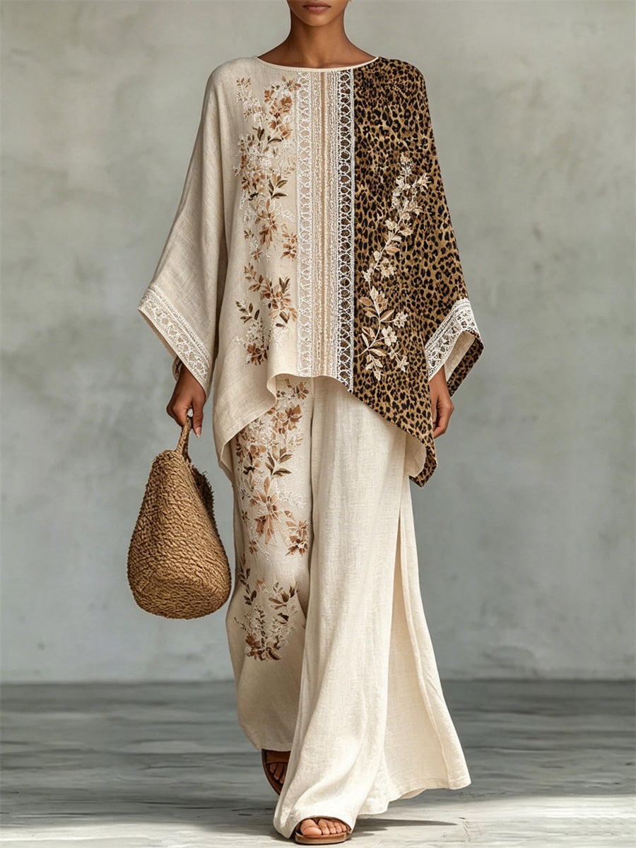 Women's Vintage Leopart Floral Contrast Print Flowy Linen Set