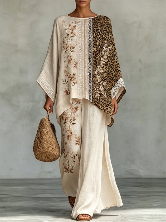 Women's Vintage Leopart Floral Contrast Print Flowy Linen Set