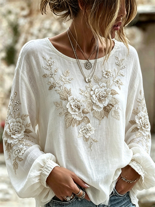 Women's Classy White Roses Glitter Art Print Cotton-Linen Shirt