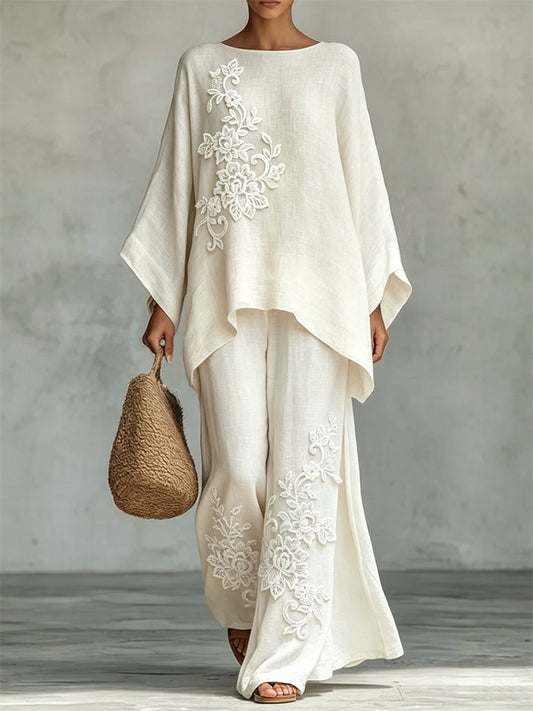 Women's Classy Lace Floral Art Print Flowy Linen Set