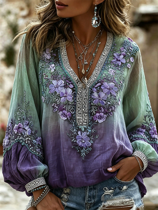 Women's Classy Purple Floral Gradient Color Print Cotton-Linen Shirt