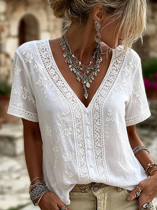 Women's Classy Flora Art Print linen short-sleeved T-shirt
