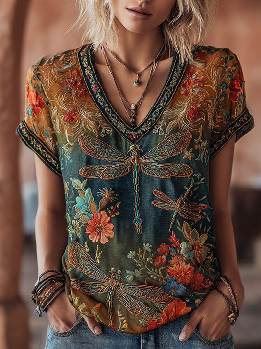 Women's Vintage Boho Dragonfly Floral Print Gradient short-sleeved T-shirt