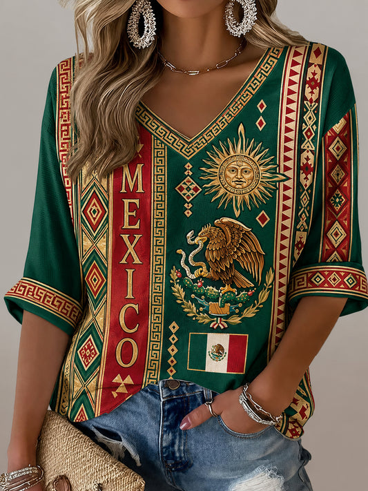 Women's Mexican Soccer Fan V-Neck Top with Aztec Totem Art Print