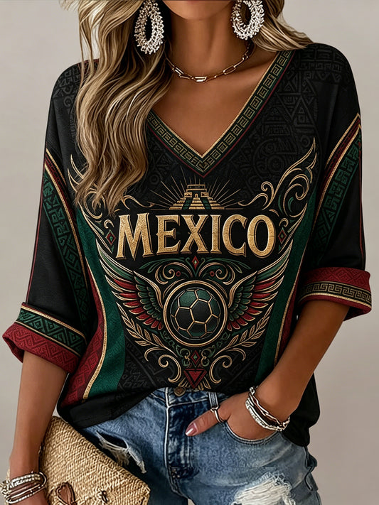 Women's Mexican Soccer Fan V-Neck Top with Aztec Totem Art Print