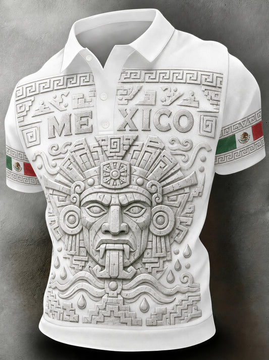 Men's Mexican Football-Themed Polo Shirt With Aztec Totem Art Print