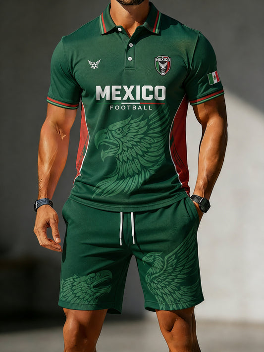 Men's Football-Themed Printed Casual Short-Sleeve Polo Shirt Set