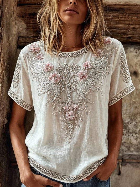 Women's Viking Tree Of Life Celtic Wings & Floral Print Linen Short-sleeved T-shirt