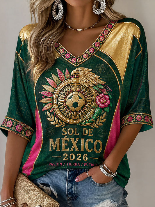 Women's Mexico Football Lover Art Printed Casual Tops