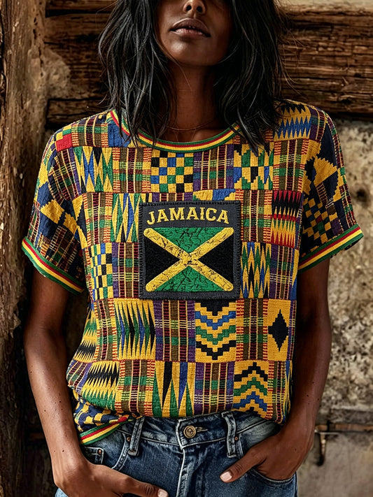 Women's Vintage Jamaica Flag Kente Patchwork Print Linen Short-sleeved T-shirt