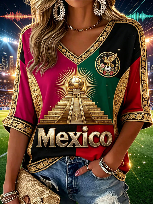 Women's Mexican Football Cheering Fan Element Art Print V-Neck Top