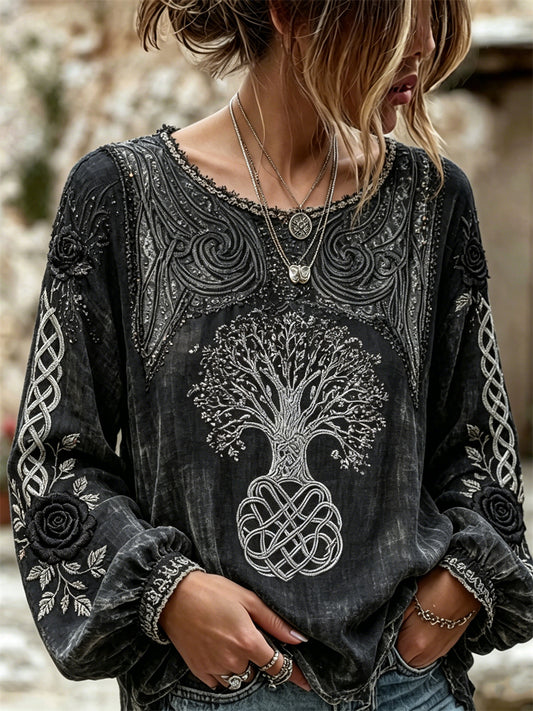 Women's Vintage Classy Celtic Tree of Life Black Roses Print Cotton-Linen Shirt