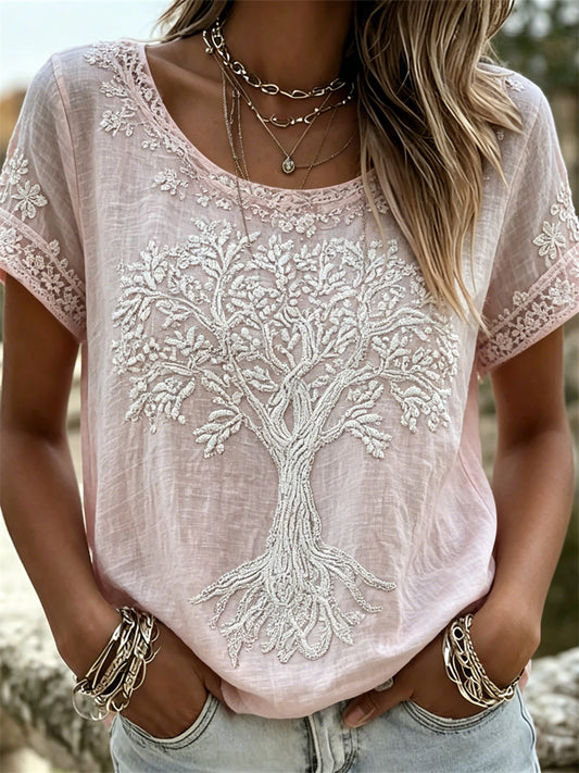 Women's Classy Tree of Life Floral Lace Art Print linen short-sleeved T-shirt