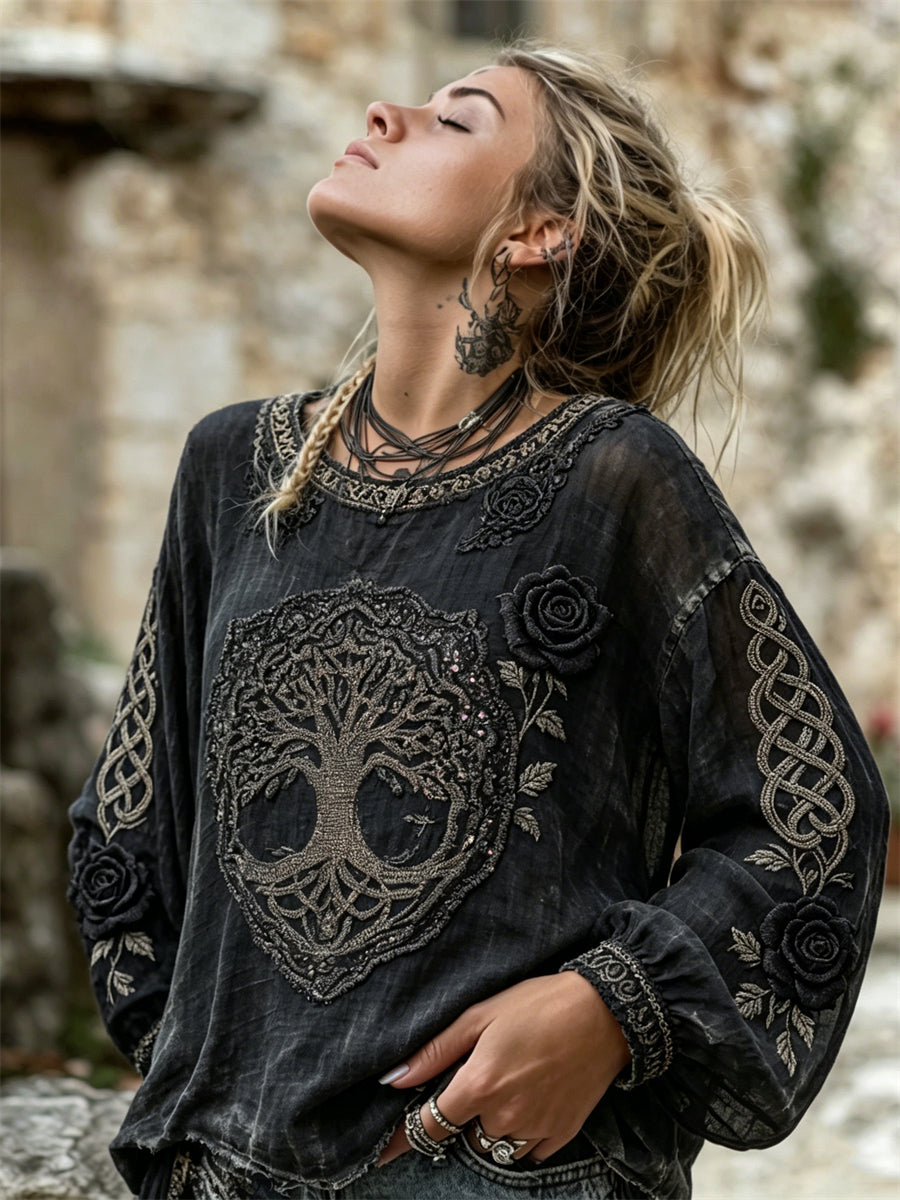 Women's Vintage Viking Tree of Life Black Roses Celtic Knot Print Cotton-Linen Shirt