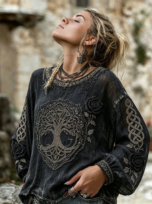 Women's Vintage Viking Tree of Life Black Roses Celtic Knot Print Cotton-Linen Shirt