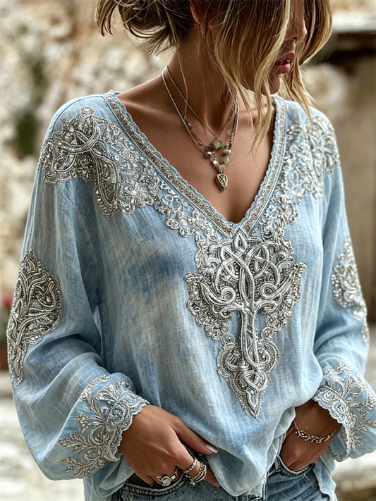 Women's Classy Viking Tree of Life Celtic Knot Print Cotton-Linen Shirt