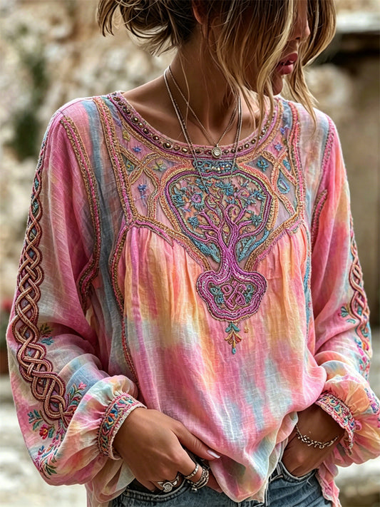 Women's Vintage Tree of Life Boho Floral Print Gradient Dyed Cotton-Linen Shirt