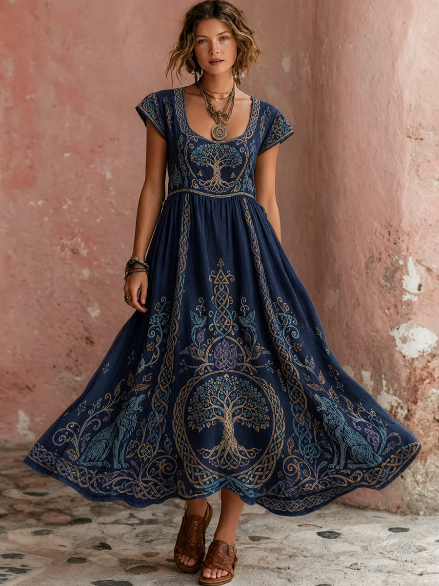 Women's Retro Viking Element Print Short-Sleeve Dress