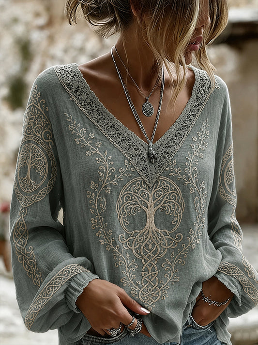 Women's Retro Viking Element Print V-Neck Top