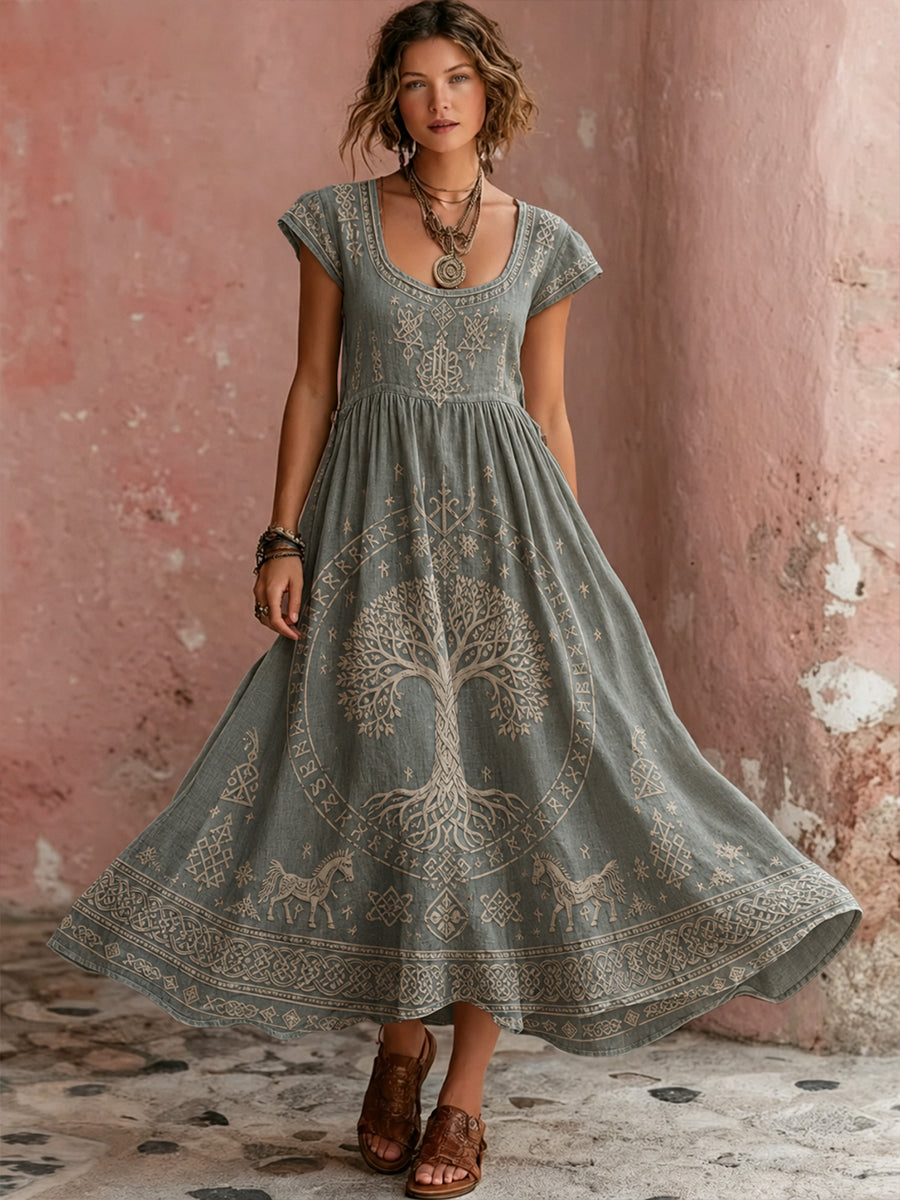 Women's Retro Viking Element Print Short-Sleeve Dress