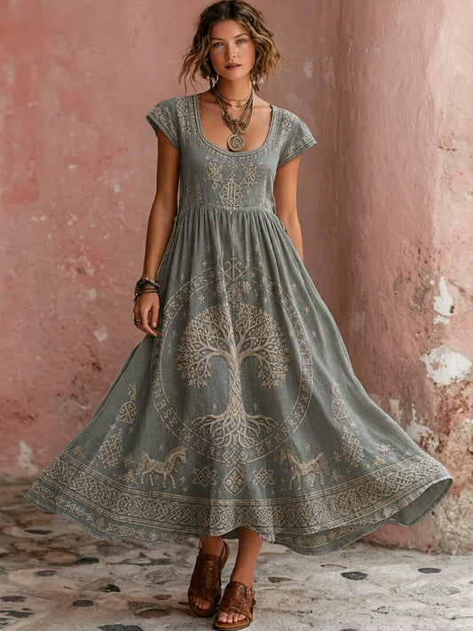 Women's Retro Viking Element Print Short-Sleeve Dress