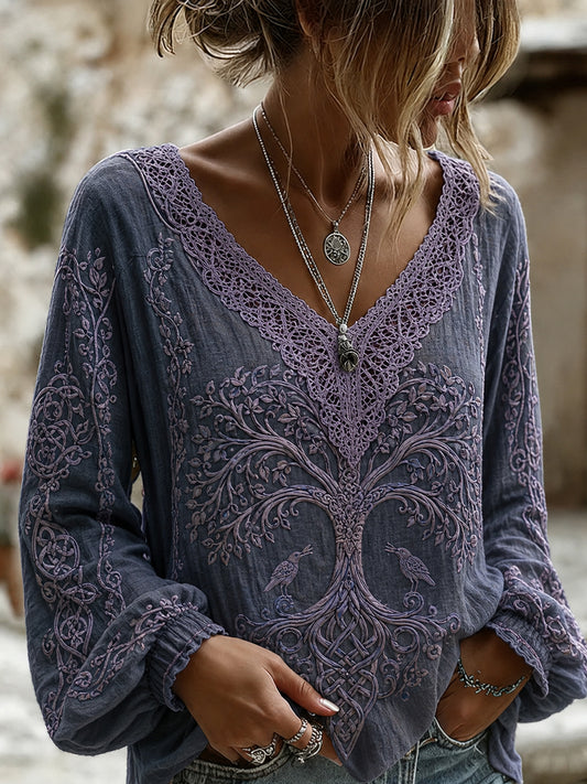 Women's Retro Viking Element Print V-Neck Top