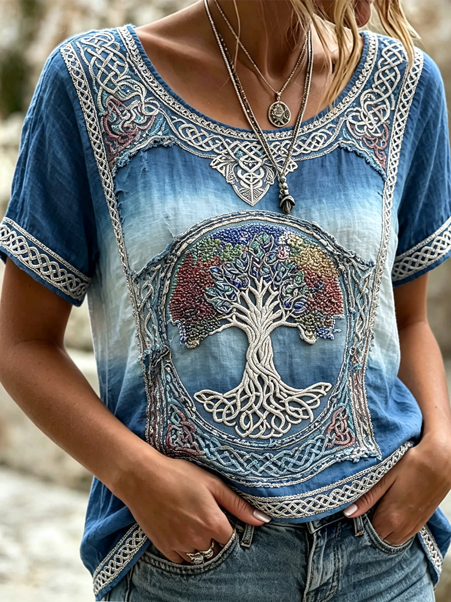 Women's Viking Tree Of Life Celtic Print Linen Short-sleeved T-shirt