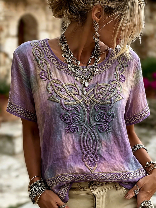 Women's Viking Tree Of Life Celtic Print Linen Short-sleeved T-shirt