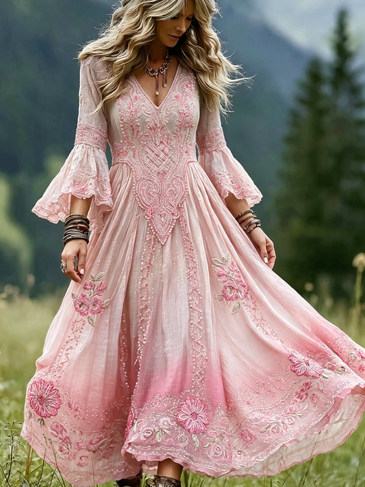 Women's Classy Viking Celtic Knot With Floral Art V Neck Maxi Dress